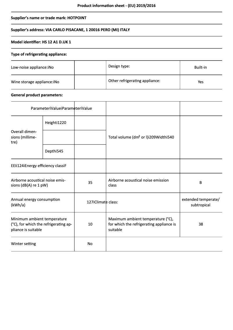 Page 1 de la notice Fiche technique Hotpoint HS 12 A1 D.UK 1