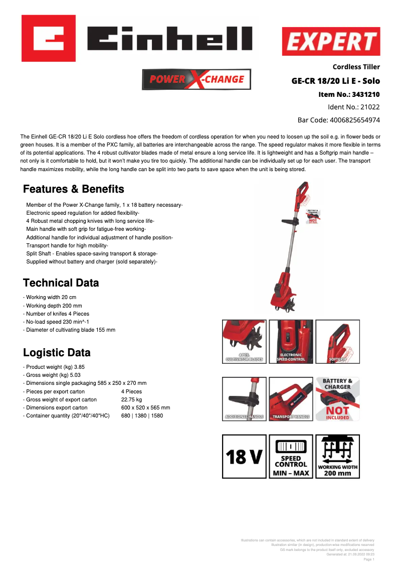 Page n°1 - Fiche technique Einhell GE-CR 18/20 Li E