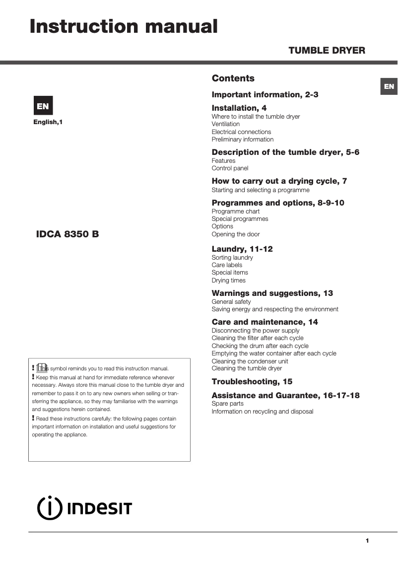 Page n°1 - Manuel utilisateur Indesit IDCA 8350 B ECO (UK)