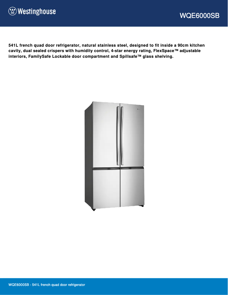 Page 1 de la notice Fiche technique Westinghouse WQE6000SB