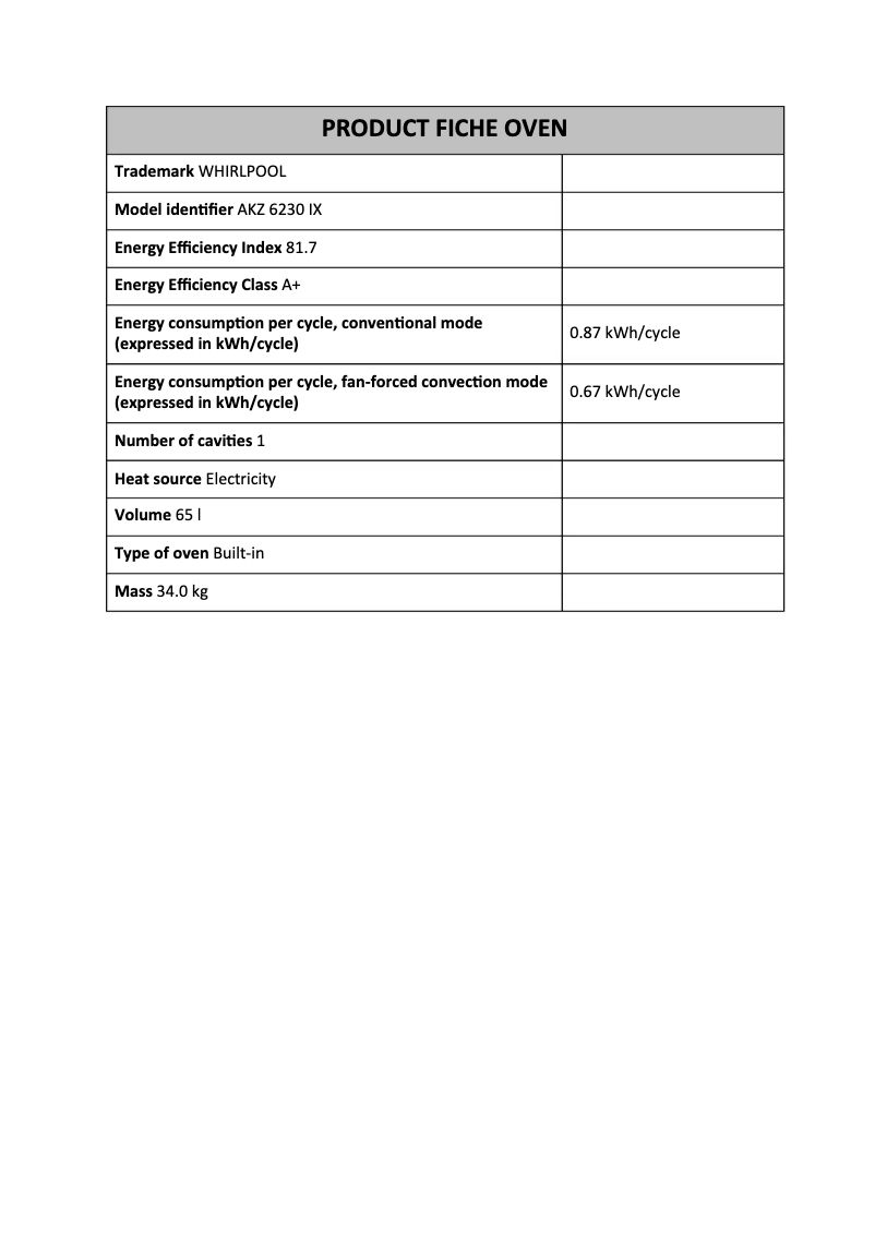 Page n°1 - Fiche technique Whirlpool AKZ 6230 IX