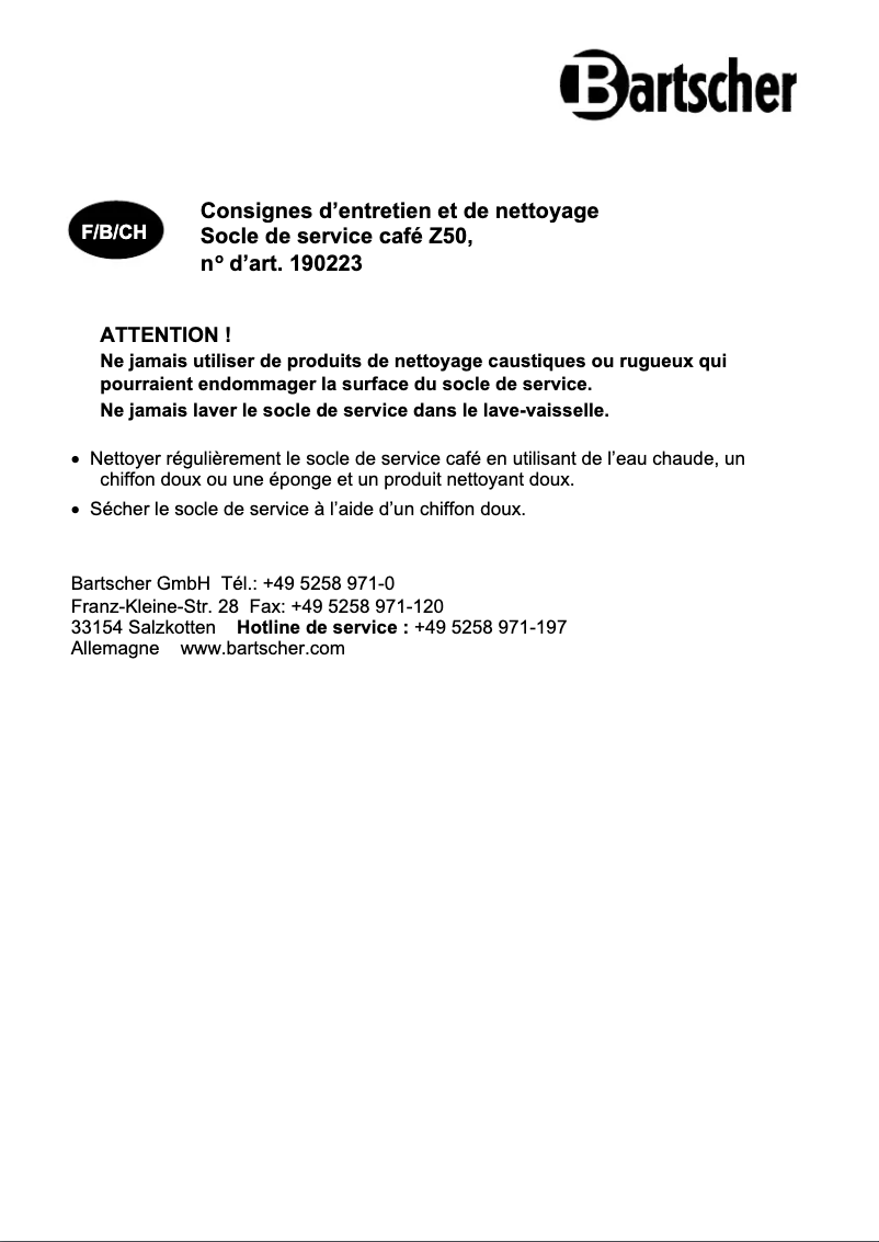 Page 1 de la notice Manuel utilisateur Bartscher Z50