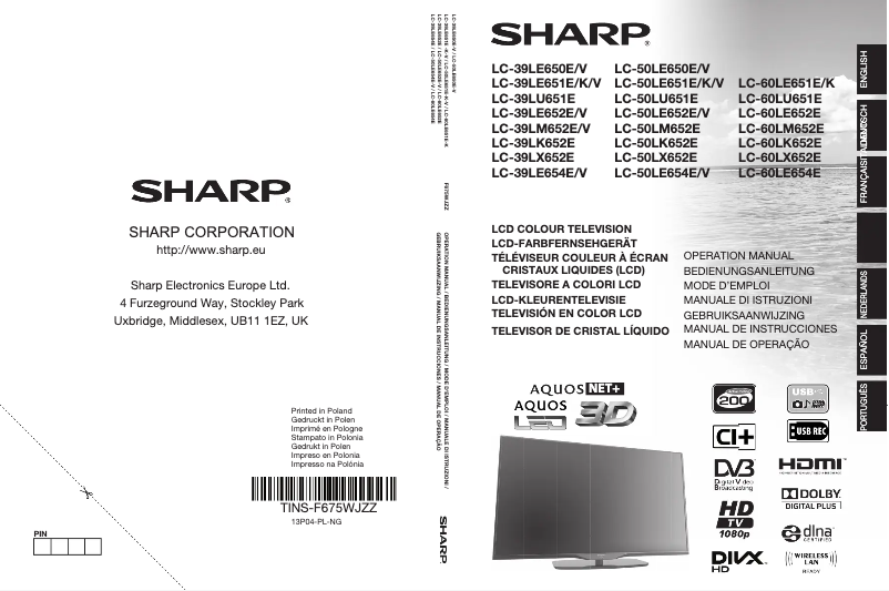 Page n°1 - Manuel utilisateur Sharp LC-60LE652