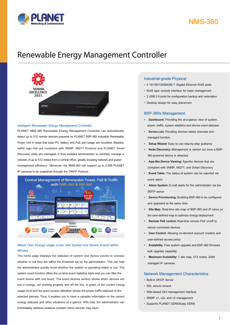 Page 1 de la notice Fiche technique Planet NMS-360