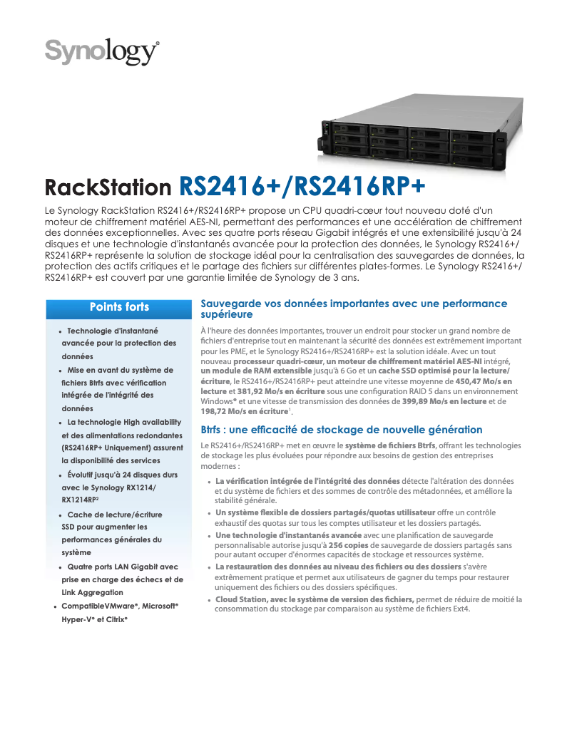 Page 1 de la notice Fiche technique Synology RackStation RS2416+