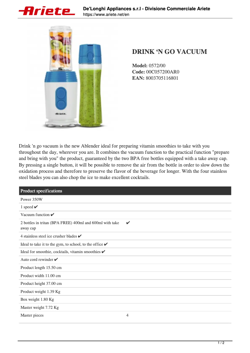 Imagen de la primera página del manual del dispositivo Drink 'N Go 572