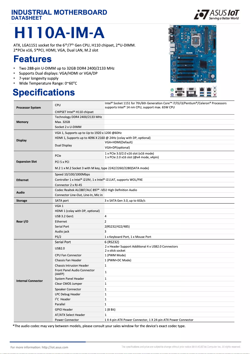 Page 1 de la notice Fiche technique Asus H110A-IM-A