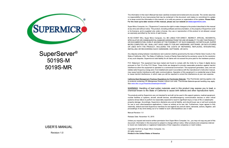 Image de la première page du manuel de l'appareil SuperServer 5019S-MR