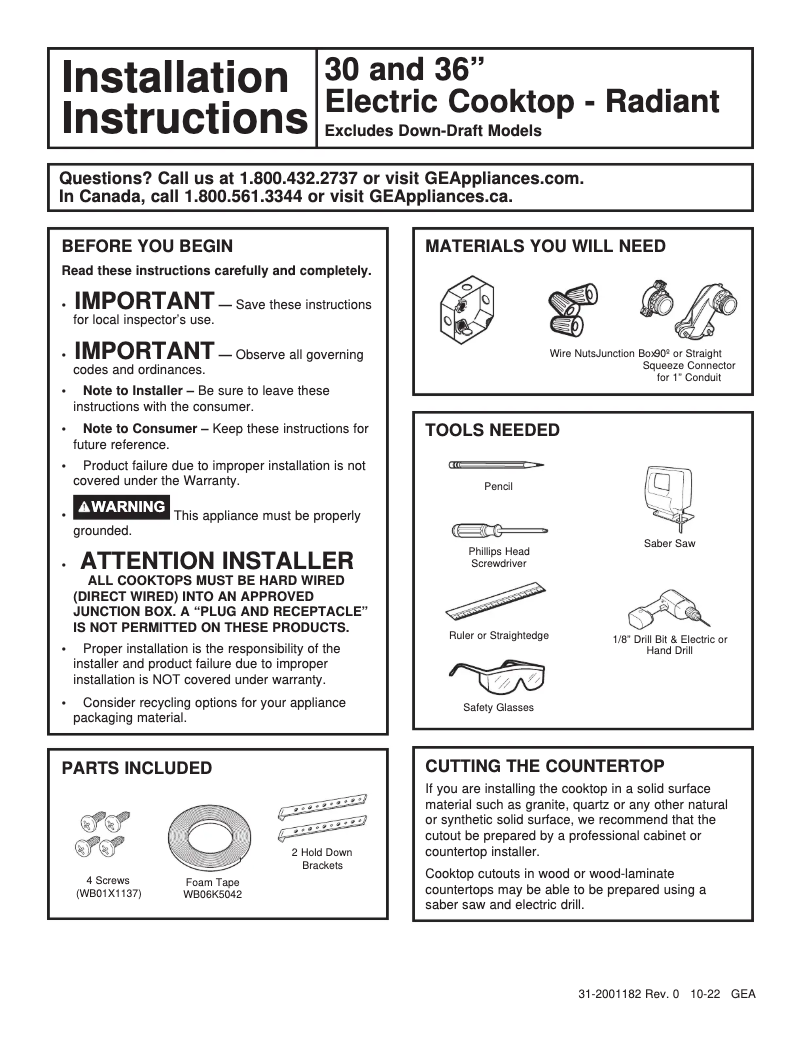 Page 1 de la notice Guide d'installation GE JP3036TLWW