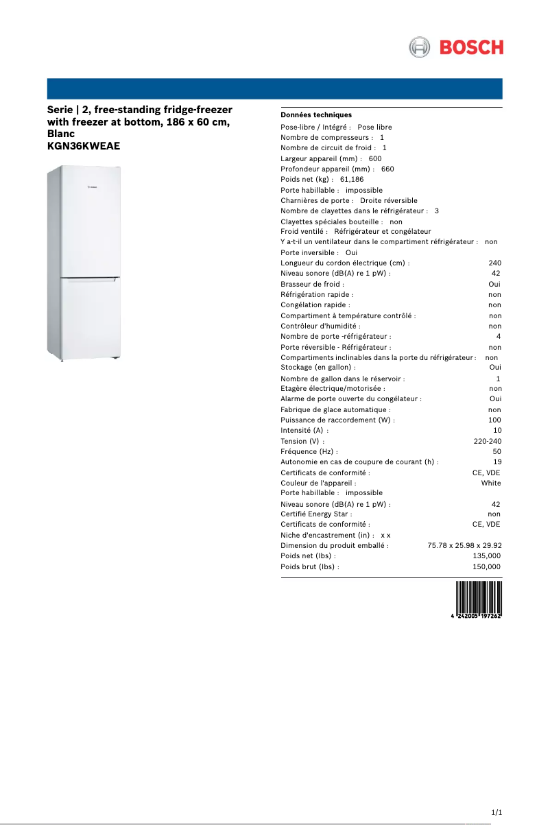 Page n°1 - Fiche technique Bosch KGN36KWEAE