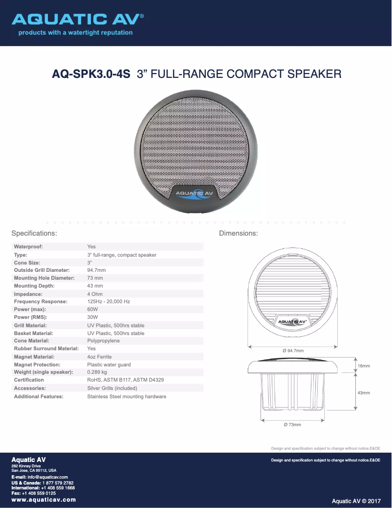 Page n°1 - Manuel utilisateur Aquatic AV AQ-SPK3.0-4S