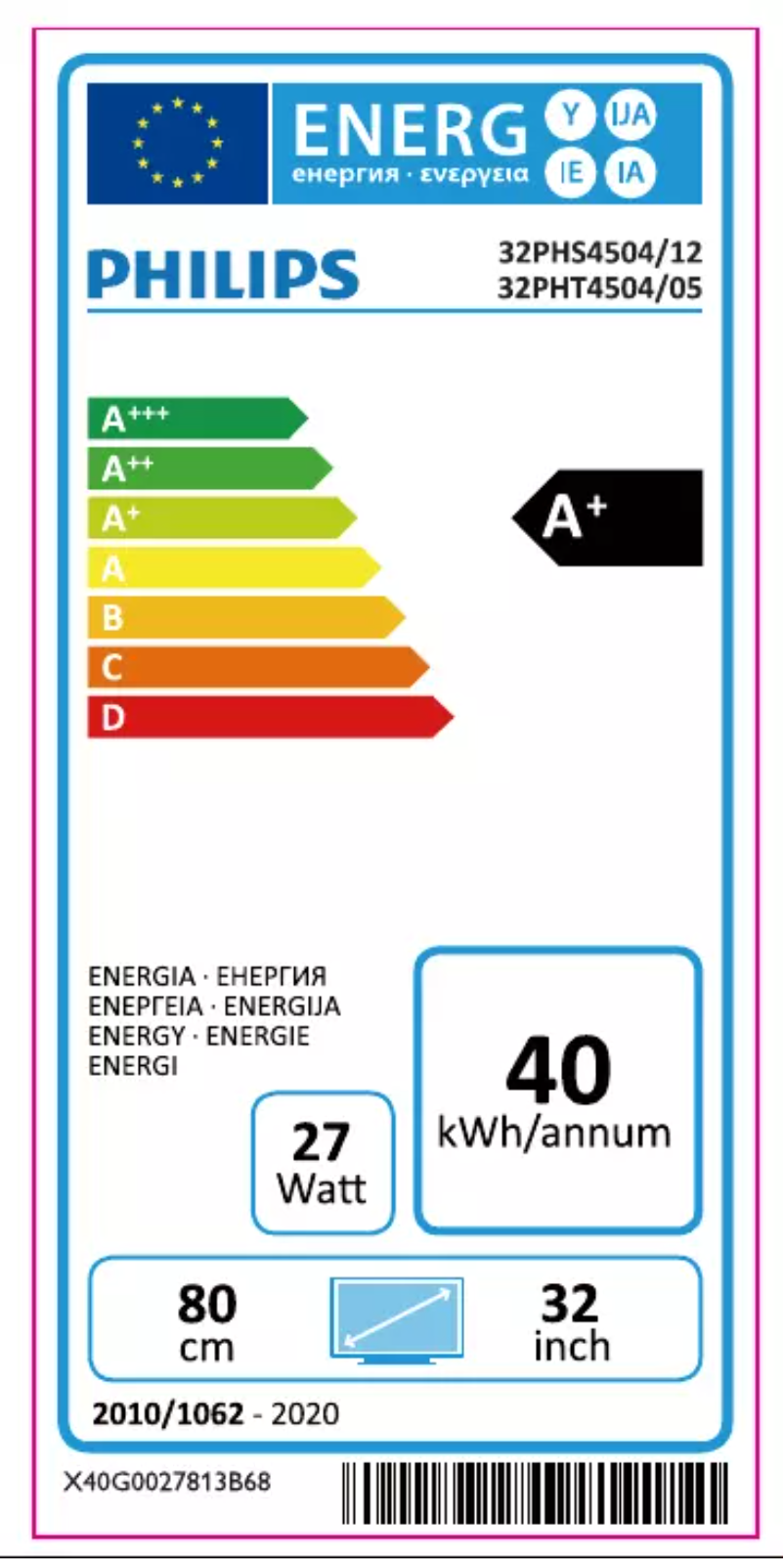 Page 1 de la notice Label énergétique Philips 32PHS4504