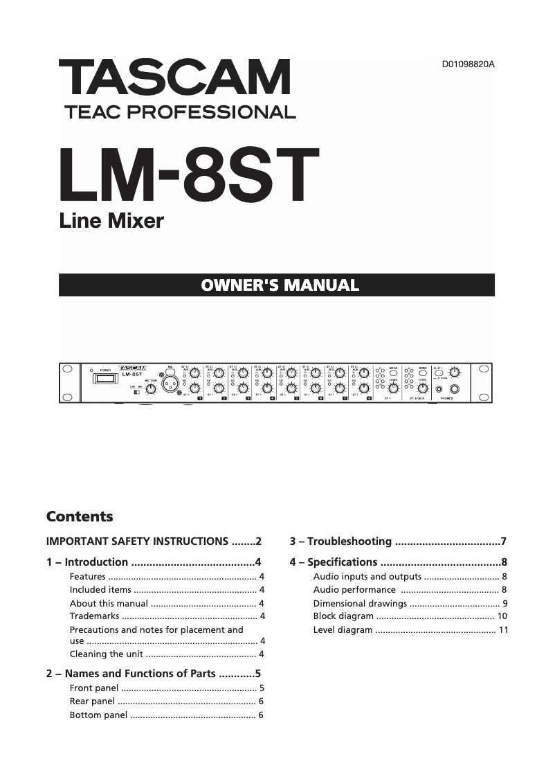 Page 1 de la notice Manuel utilisateur Tascam LM-8ST