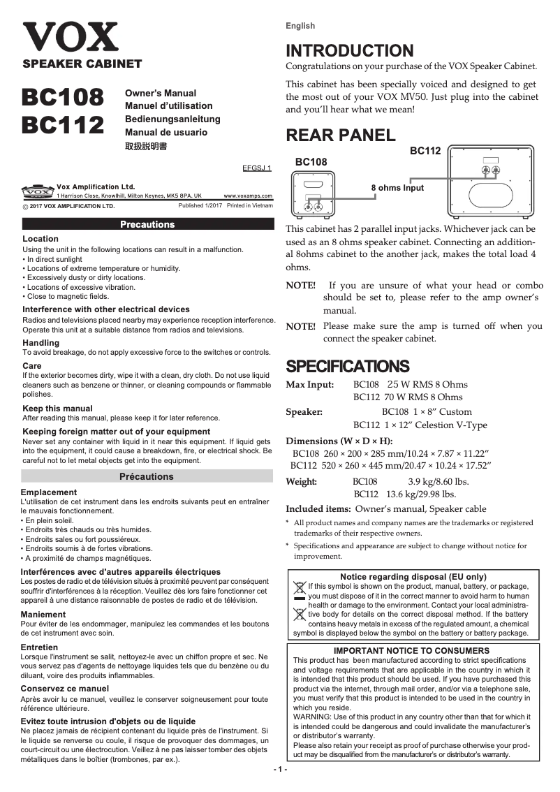 Page 1 de la notice Manuel utilisateur VOX BC112