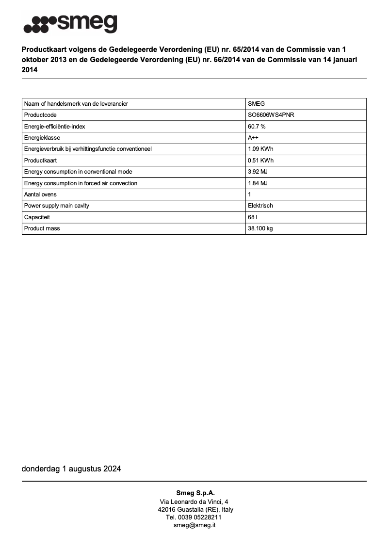 Page 1 de la notice Fiche technique Smeg SO6606WS4PNR