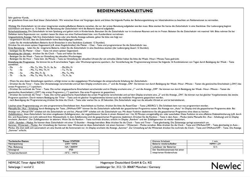 Page n°1 - Manuel utilisateur Newlec H24DT