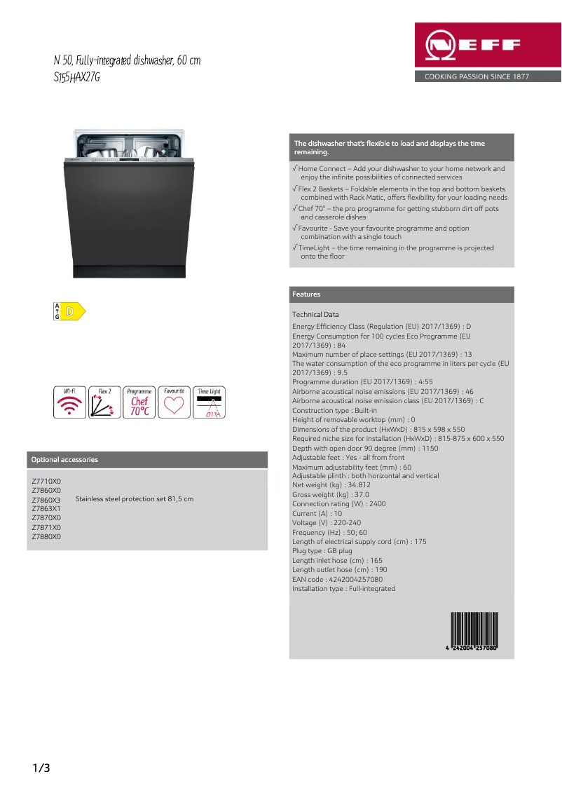Page n°1 - Fiche technique Neff S155HAX27G