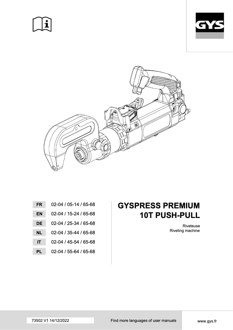 Page 1 de la notice Manuel utilisateur GYS Gyspress 10T Push-Pull