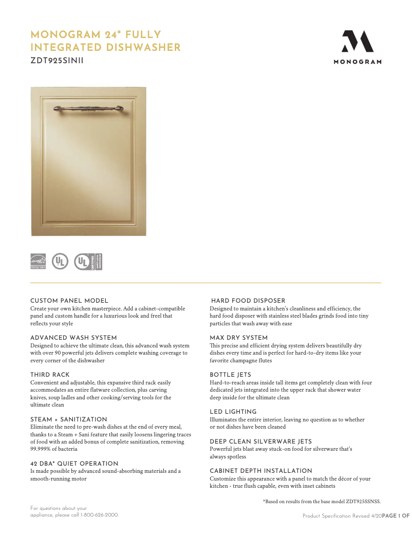 Page 1 de la notice Fiche technique Monogram ZDT925SINII