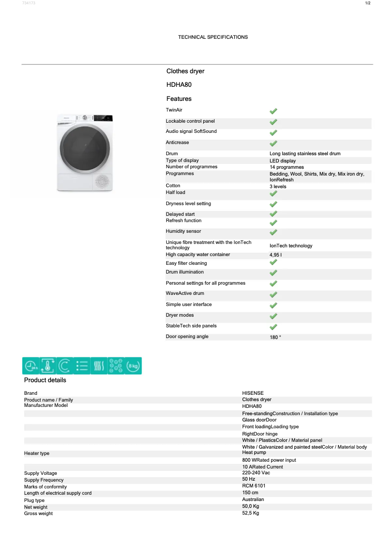 Page n°1 - Fiche technique Hisense HDHA80
