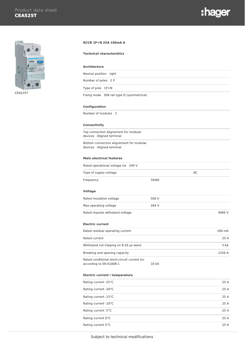 Page 1 de la notice Fiche technique Hager CEA525T