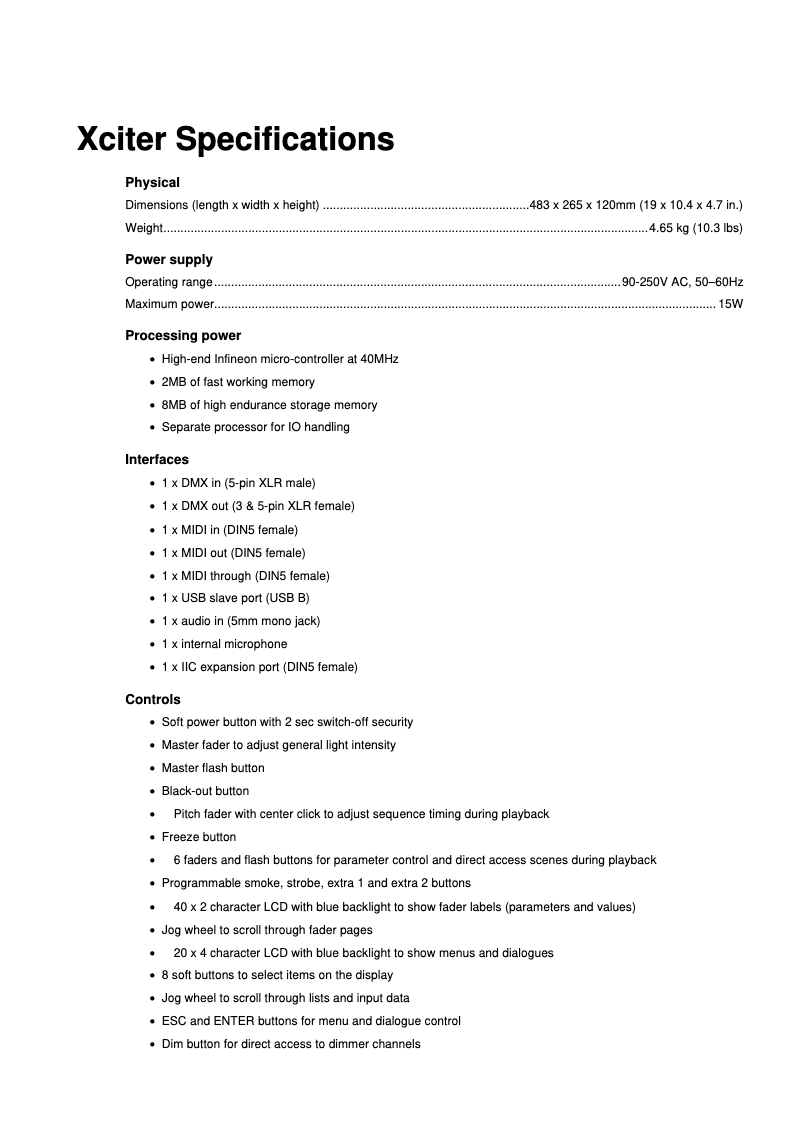 Page 1 de la notice Fiche technique Martin Xciter