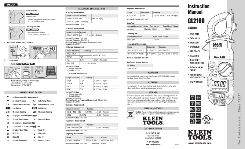 Page n°1 - Manuel utilisateur Klein Tools CL2100