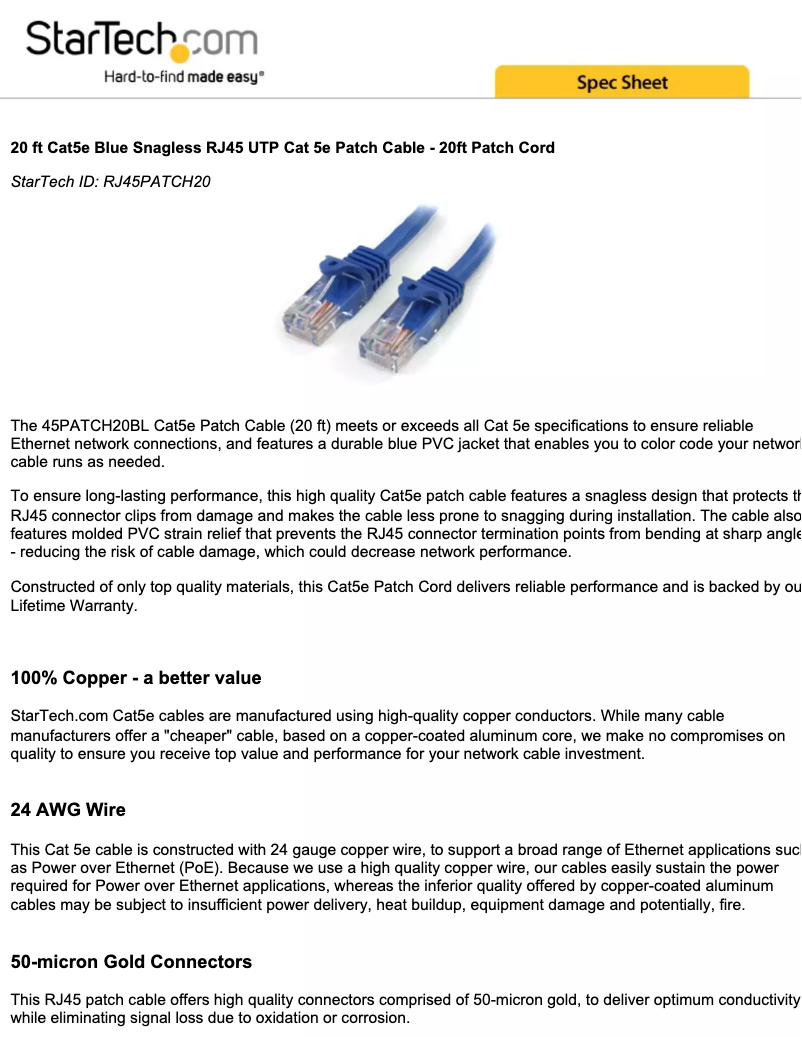 Page 1 de la notice Manuel utilisateur StarTech.com RJ45PATCH20