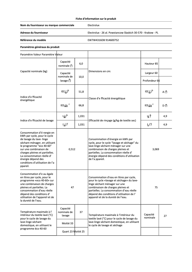 Page 1 de la notice Fiche technique Electrolux EW7W4316DB