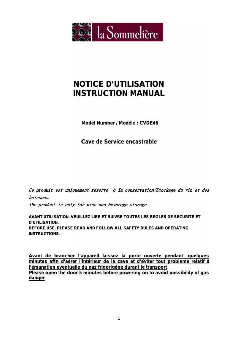 Page n°1 - Manuel utilisateur La Sommelière CDE46