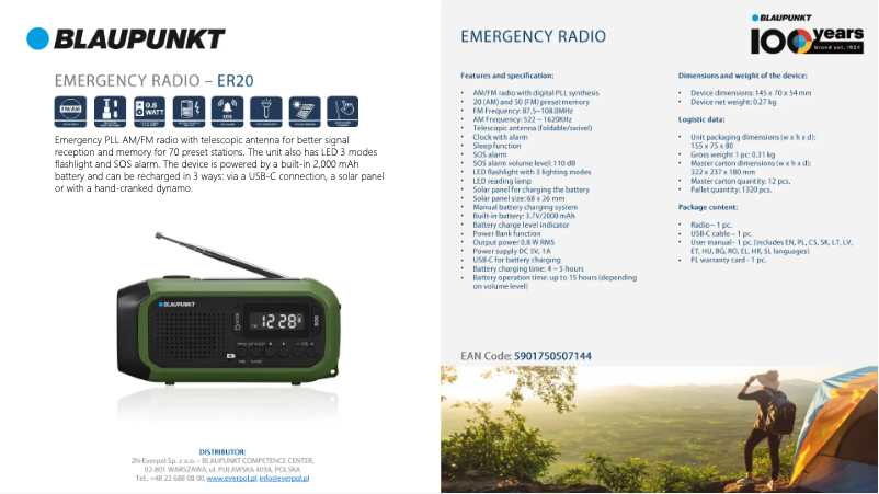 Page 1 de la notice Fiche technique Blaupunkt ER20