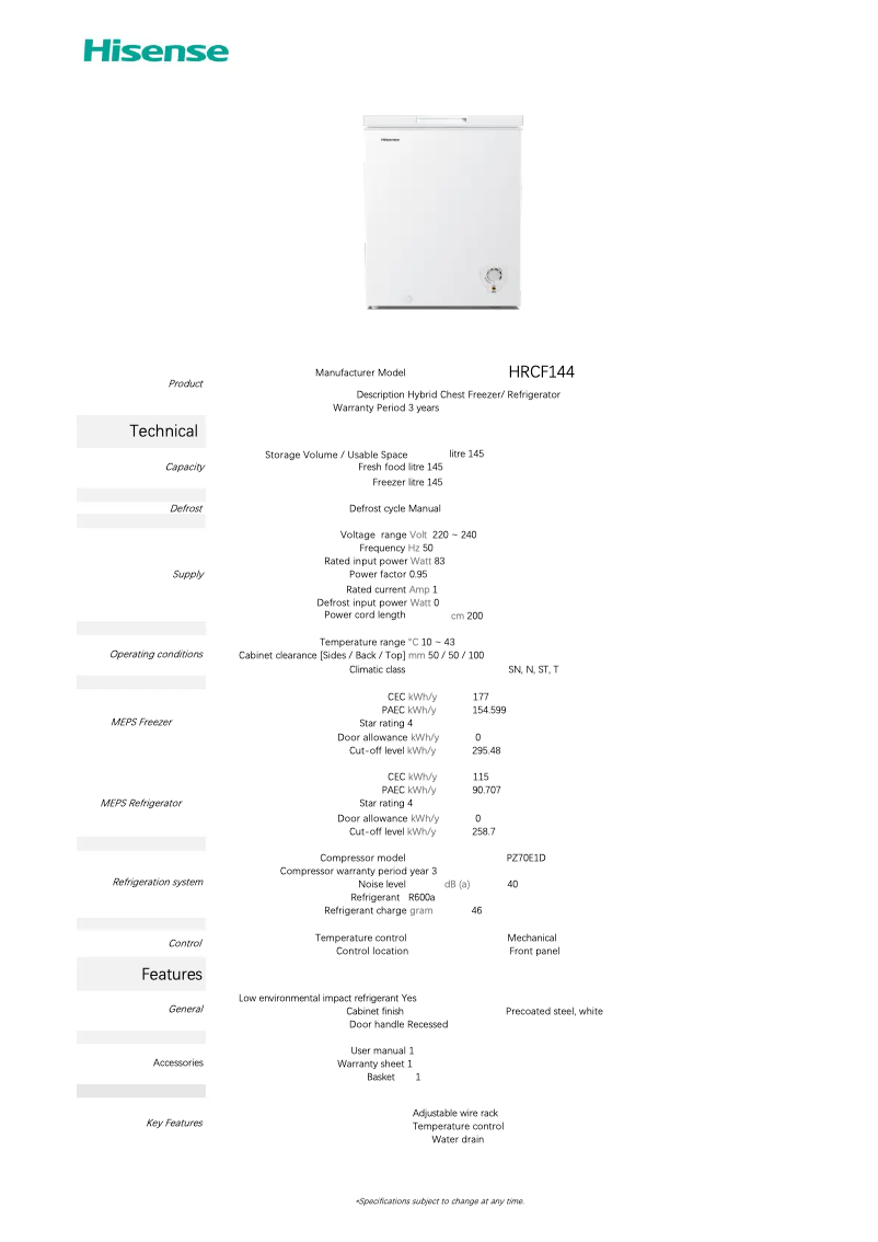 Page 1 de la notice Fiche technique Hisense HRCF144