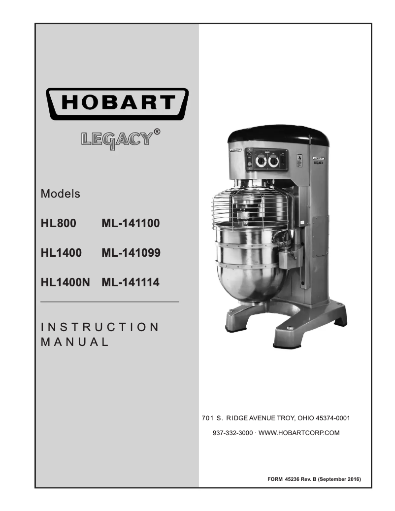 Page n°1 - Manuel utilisateur Hobart Legacy+ HL1400