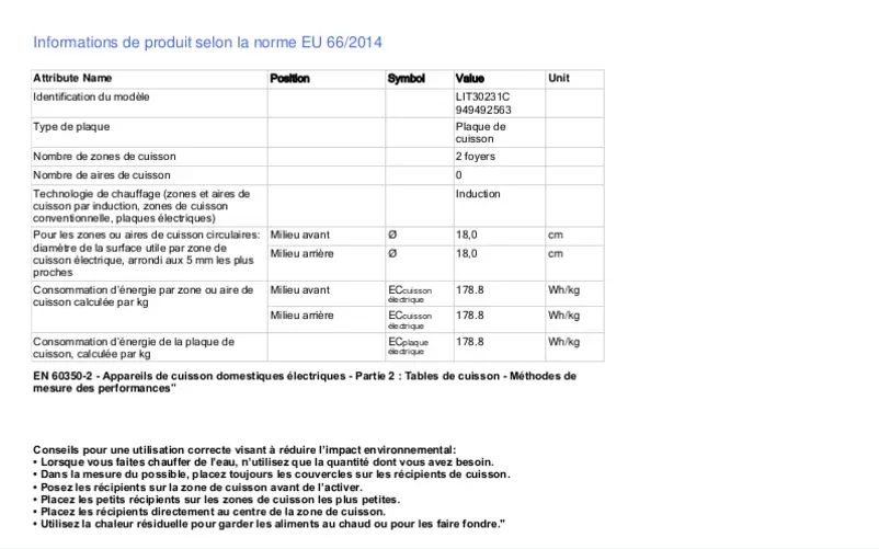 Page 1 de la notice Fiche technique Electrolux LIT30231C