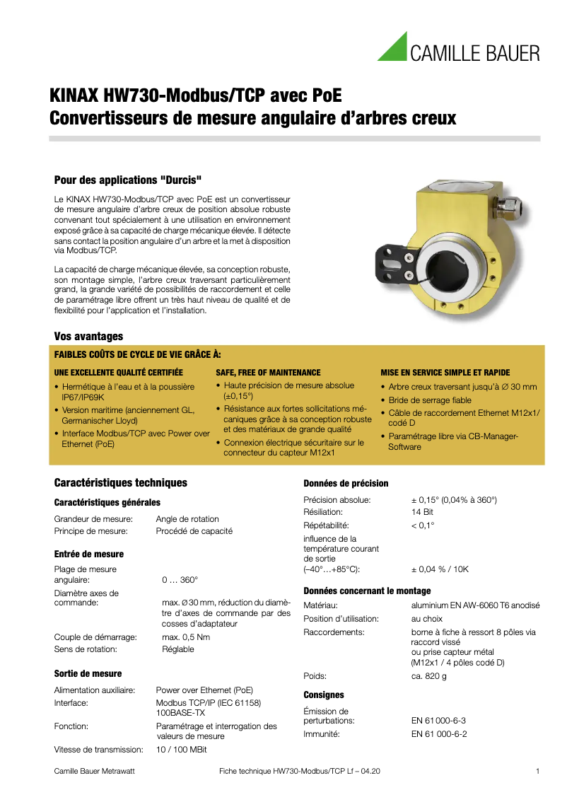 Page n°1 - Fiche technique Camille Bauer KINAX HW730-Modbus/TCP