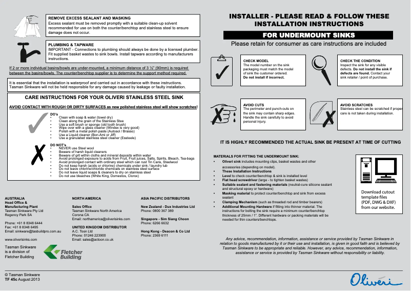 Page 1 de la notice Guide d'installation Oliveri EE23TU