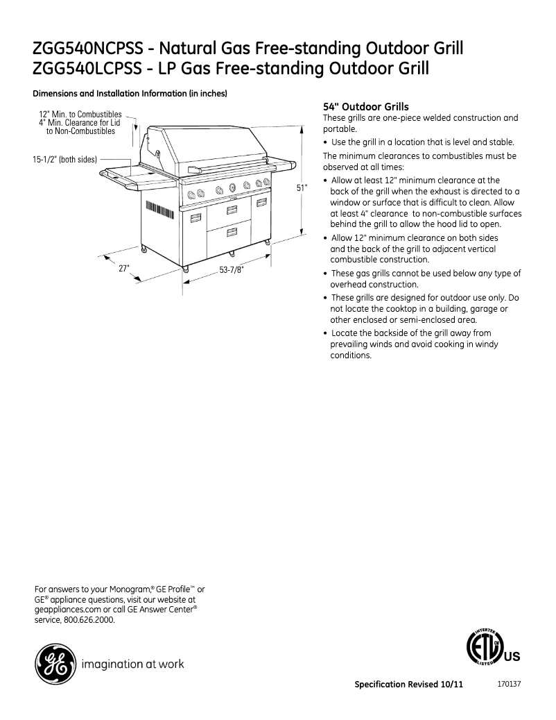 Page n°1 - Fiche technique GE ZGG540NCPSS