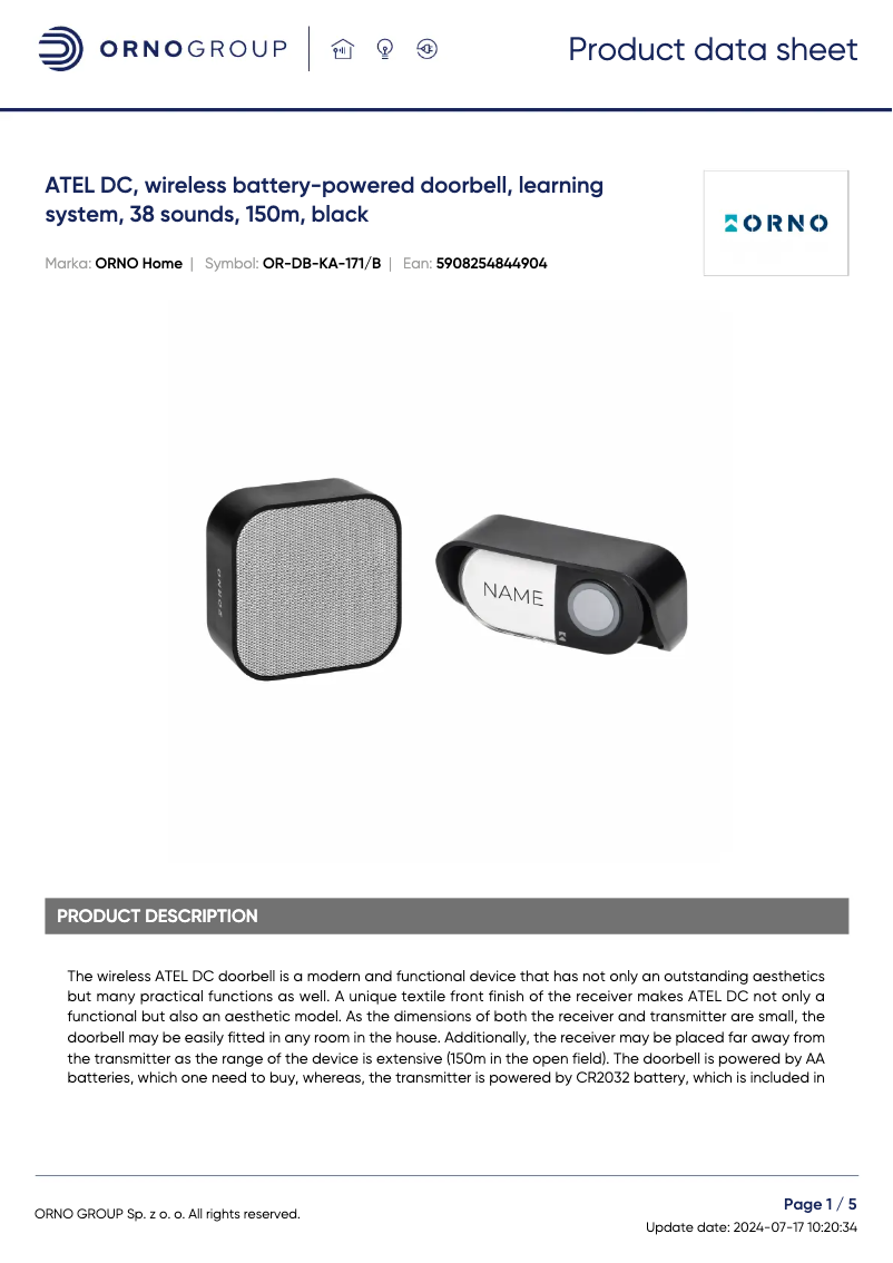 Page 1 de la notice Fiche technique ORNO OR-DB-KA-171