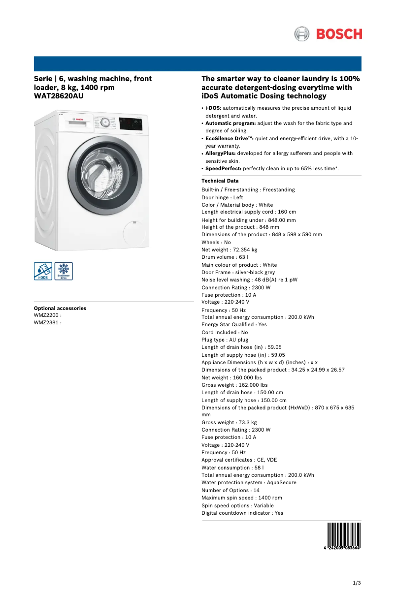 Page 1 de la notice Fiche technique Bosch WAT28620AU