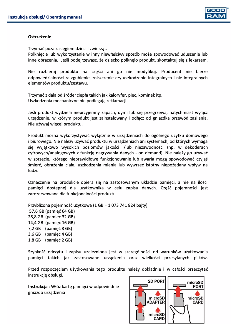 Page n°1 - Manuel utilisateur Goodram microSDXC Class 10 UHS I