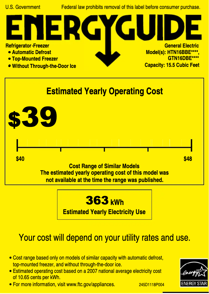 Page 1 de la notice Label énergétique Hotpoint HTN16BBEWW