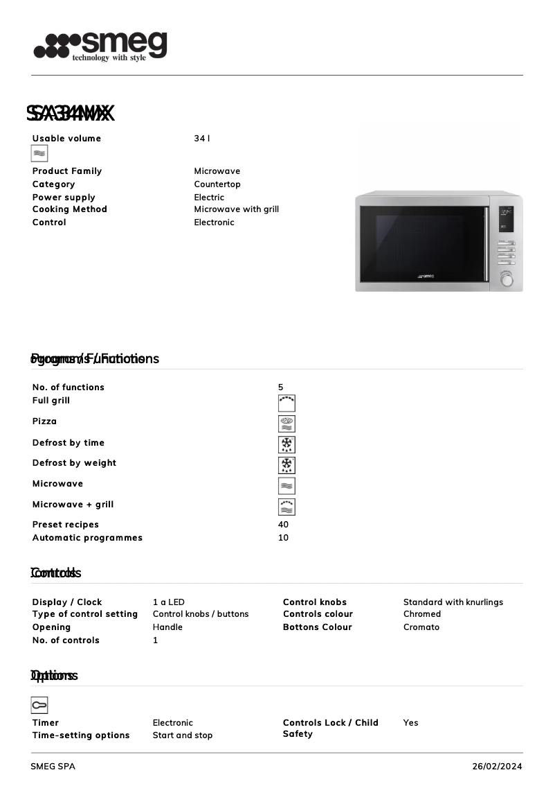 Page 1 de la notice Fiche technique Smeg SA34MX