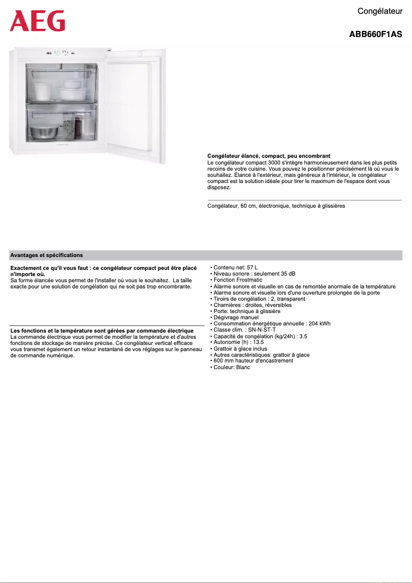 Page 1 de la notice Fiche technique AEG ABB660F1AS