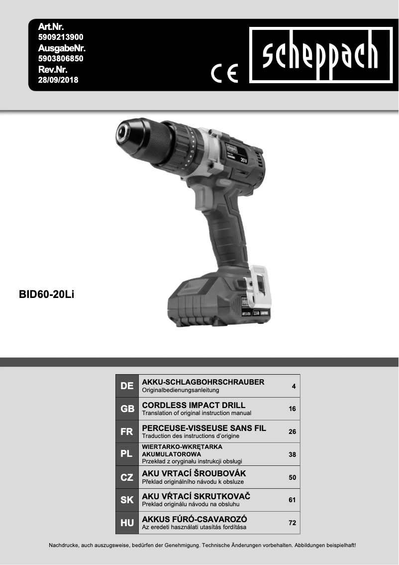 Page n°1 - Manuel utilisateur Scheppach BID60-20Li