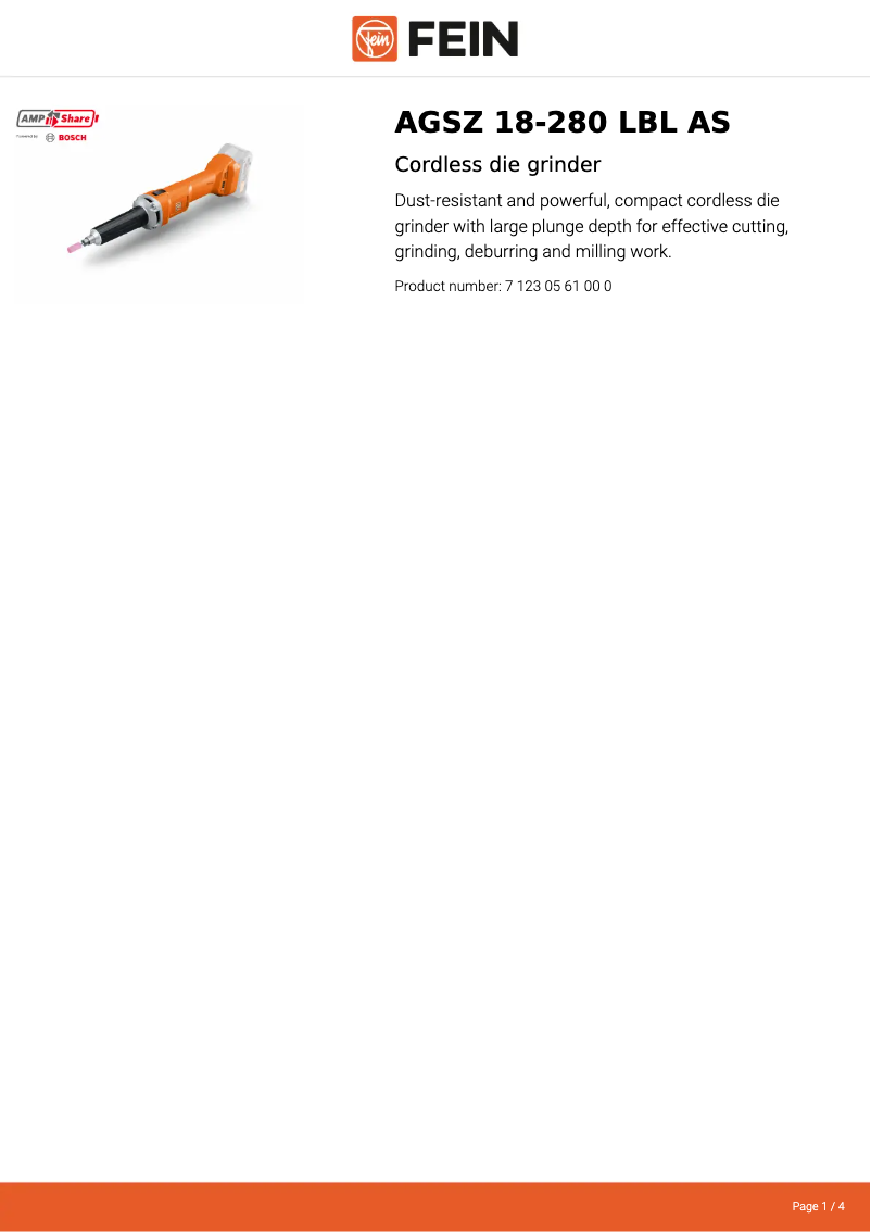 Page 1 de la notice Fiche technique Fein AGSZ 18-280 LBL AS