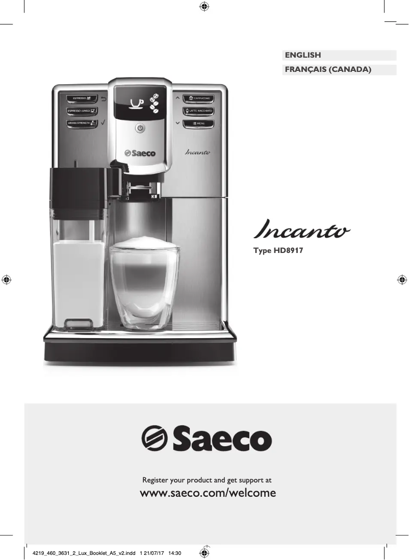 Image de la première page du manuel de l'appareil Saeco Incanto HD8917