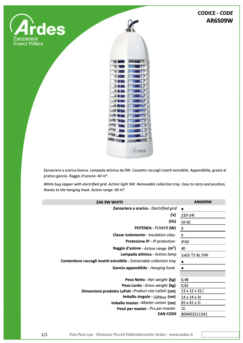 Página 1 del manual Ficha técnica Ardes AR6S09W