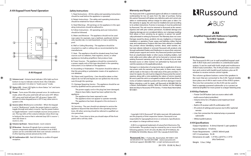 Page 1 de la notice Manuel utilisateur Russound A-K4