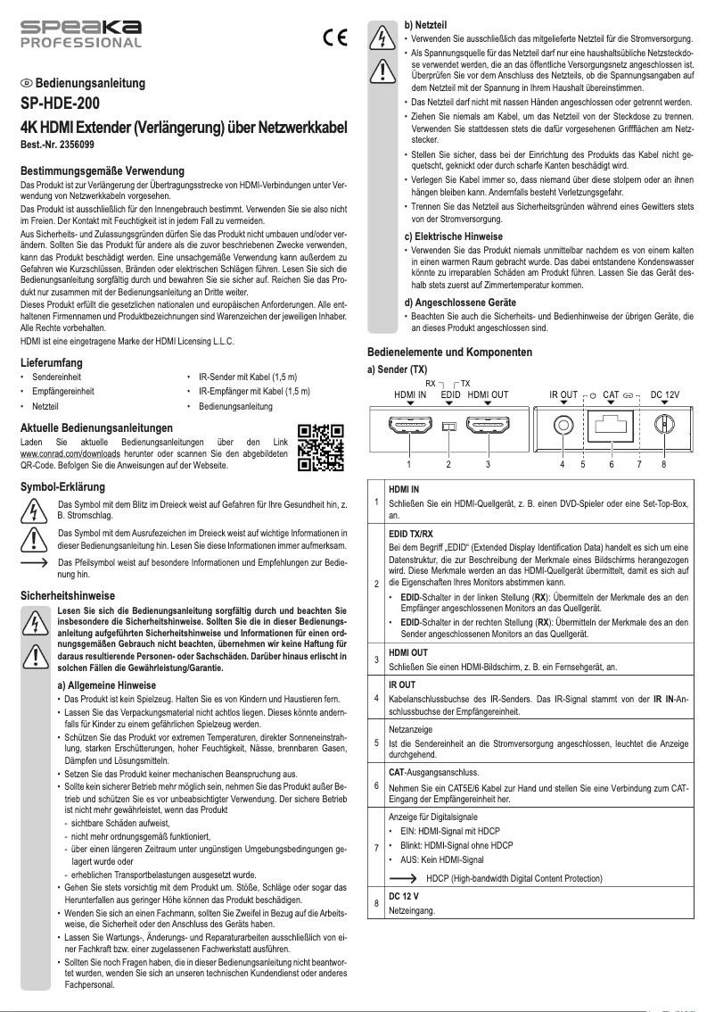 Page n°1 - Manuel utilisateur Speaka SP-HDE-200