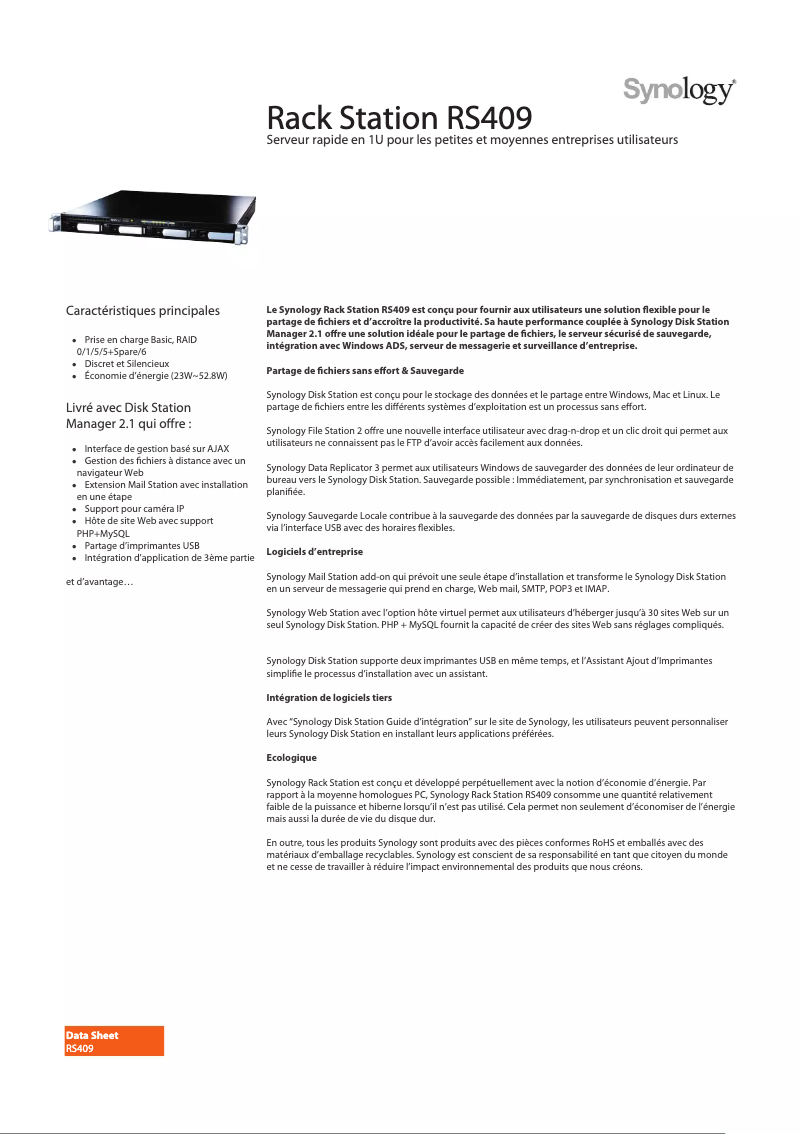 Page 1 de la notice Fiche technique Synology RackStation RS409